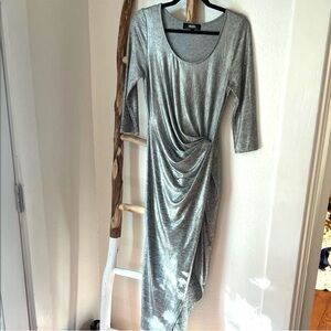 Lulu's Silver Knit 3/4 Sleeve Draped Asymmetrical Maxi Dress with High Slit M/L